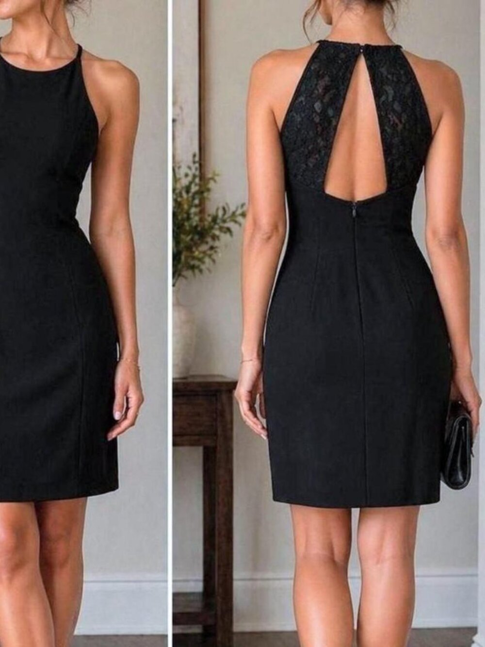 VINTAGE Black mini halter dress with lace back, size XS-SMALL